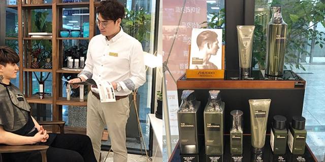 맞춤 그루밍 서비스 상당 중인 홍 원장(왼쪽)과 시세이도 그루밍 제품(오른쪽).