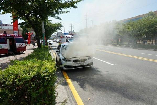 4일 오후 2시 15분 전남 목포시 옥암동 하이마트 앞 도로에서 불이 난 BMW 520d 승용차. /전남 목포소방서 제공