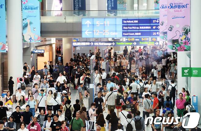본격 휴가철을 맞은 4일 오전 인천국제공항 출국장 면세점 모습. 뉴스1 DB © News1 황기선 기자