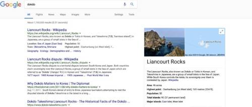 미국에서 구글을 방문해 'dokdo'를 검색하면 나오는 첫 화면 116만 결과 가운데 첫번째 설명 부문에 소속이 '일본 시마네현 오키'라는 결과를 보여준다.
