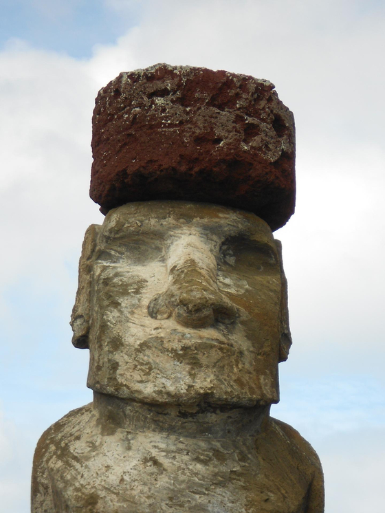 이스터 섬의 모아이. 모아이 머리 위에 있는 게 돌모자인 푸카오다. [사진 뉴욕주립데]