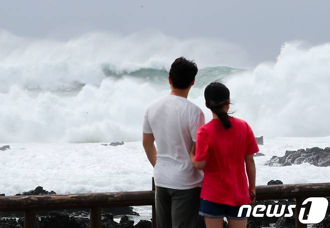 제19호 태풍 솔릭이 한반도를 향해 북상중인 22일 제주 서귀포시 법환포구에 높은 파도가 몰아 치고 있다.2018.8.22/뉴스1 © News1 이석형 기자