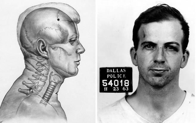 1963년 11월22일 저격을 당한 뒤 병원에 도착한 존 F 케네디 미국 대통령의 머리 총상을 기록한 그림(왼쪽)과 이틀 뒤 경찰서로 호송되는 도중 저격당한 케네디 대통령 암살 용의자 리 하비 오즈월드의 사진.  을유문화사 제공