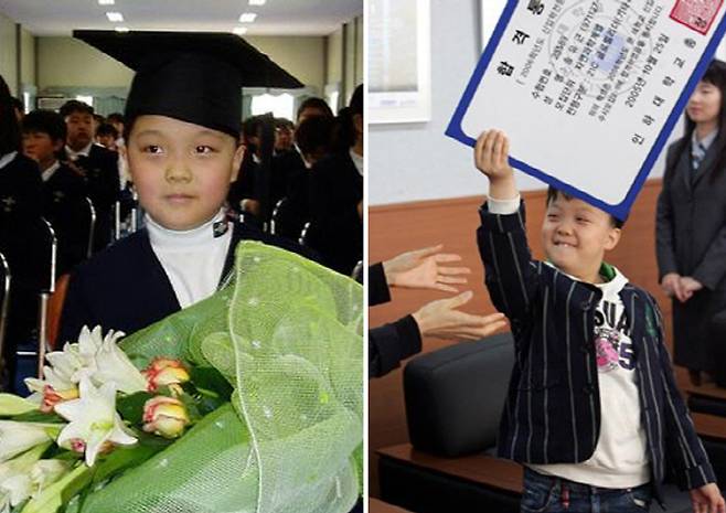 송유근씨는 2005년 4월 8세 나이로 경기도 남양주시 심석초를 졸업(왼쪽)하고 같은 해 인하대 2학기 수시모집에 국내 최연소 대학생으로 합격했다. 경향신문 자료사진
