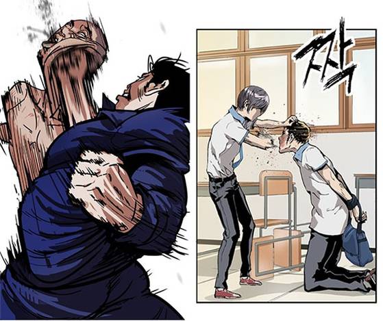 연재 초기부터 꾸준히 네이버 금요웹툰 조회수 1위를 차지하고 있는 ‘외모지상주의’(왼쪽)와 지난 5월 네이버에 연재를 시작한 ‘약한 영웅’. 두 웹툰 모두 전체 이용가 등급이다. [이미지 네이버웹툰]