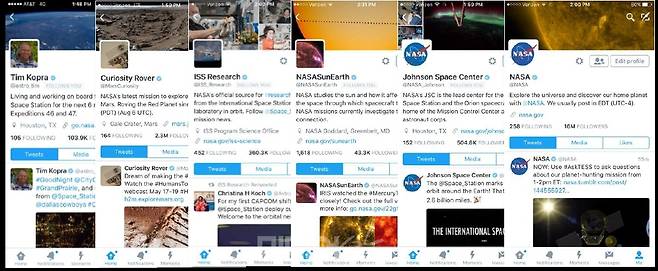 ▲ NASA가 운영하는 다양한 트위터 계정들. 현재 NASA는 270여 개의 트위터 계정을 운영하고 있다. 사지출처=NASA 소셜미디어팀.