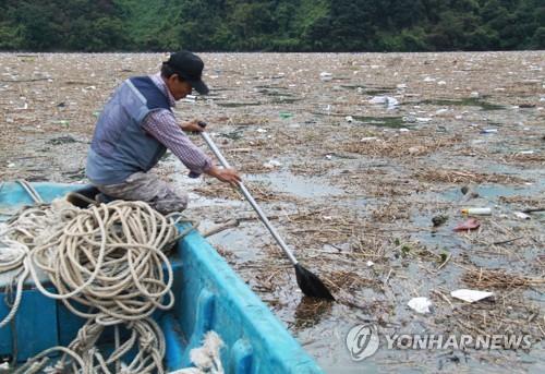 대청호 뒤덮은 폭우 쓰레기 [연합뉴스 자료사진]