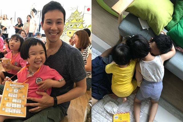 한민규씨가 딸 이현과 ‘학부모 육아수업’에 참석한 모습(왼쪽)과 아들ㆍ딸들의 뽀뽀세례를 받고 있는 모습(오른쪽). 휴직 전만 해도 한씨는 “내 딸이 날 아빠로 알긴 알까”하는 고민에 시달렸다. 이제 이현양은 ‘아빠라면 죽고 못사는 딸’이 됐다. 한민규씨 제공
