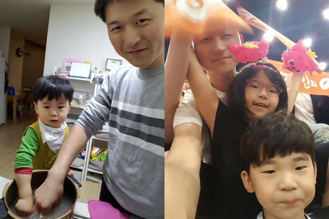 손정환씨가 막내아들 민우와 밥을 짓고 있는 모습(왼쪽). 첫째 딸 은율(8)ㆍ둘째 아들 지우(5)와 함께 ‘100인의 아빠단’ 행사에 참석한 모습(오른쪽). 손씨는 “세 아이 모두 성격이나 특성이 제각각이다”라며 “아이의 성향에 맞는 육아를 하는 것이 중요하다”고 말했다. 손정환씨 제공.