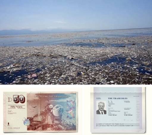 (위쪽) 태평양에 있는 거대 쓰레기섬인 ‘GPGP(Great Pacific Garbage Patch)’의 모습. GPGP의 심각성을 알리기 위해 지난해 광고제작자 마이클 휴와 달 데반스 드 알메이다(DAL&MIKE)는 이곳을 국가로 인정해달라고 UN에 요청했다. (아래쪽) 이때 만들어진 GPGP의 화폐와 여권. / DAL&MIKE 웹페이지