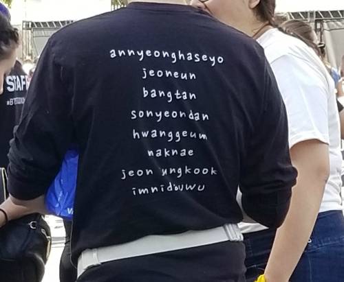 방탄소년단 공연장에서 한 남성팬이 한글 발음을 영어로 적은 웃옷을 입고 등장해 눈길을 끌고 있는 모습.