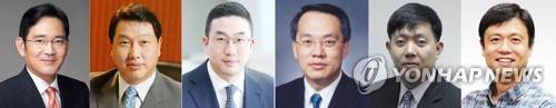 제3차 남북정상회담 동행하는 경제계 특별수행원 (서울=연합뉴스) 청와대가 16일 제3차 남북정상회담을 비롯한 문재인 대통령의 평양 방문에 동행할 공식·특별 수행원을 발표했다. 사진은 경제계 특별수행원. 왼쪽부터 이재용 삼성전자 부회장, 최태원 SK 회장, 구광모 LG 회장, 김용환 현대자동차 부회장, 이재웅 쏘카 대표, 장병규 4차산업혁명위원장.  [연합뉴스 자료사진]    photo@yna.co.kr  (끝)