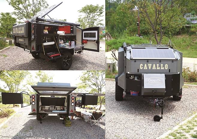 우측면 장착된 대형 수납장을 열면 나타나는 주방/ 후면은 좌우로 도어가 개방되고 수납함과 대형 리어 해치백이 있다