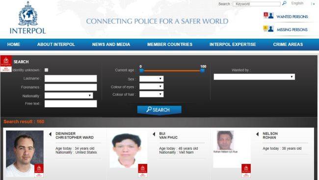 인터폴 홈페이지에 공개된 적색수배자 정보 [사진=인터폴 홈페이지 캡처]