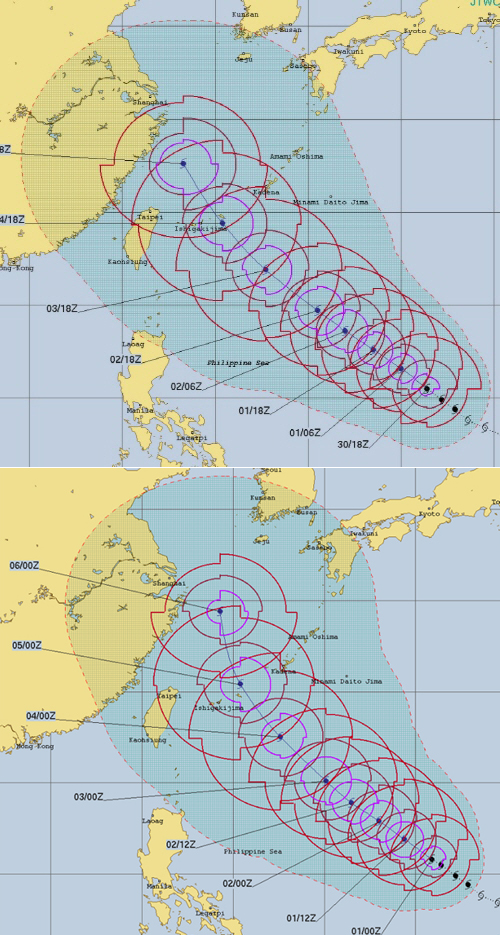 美 JTWC 태풍 콩레이 예상 진로 수정…한반도 향할 확률 ‘Up’/JTWC는 태풍 콩레이의 진로를 위의 것에서 아래 것으로 수정 예보했다.