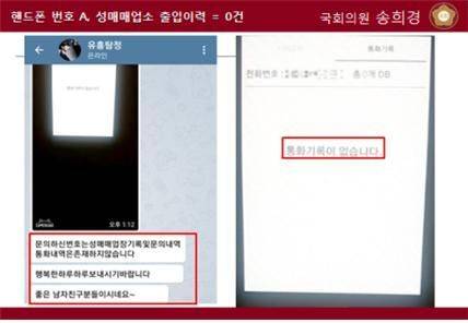 송희경 의원실 소속 여성 보좌진의 휴대폰 번호로 남자친구 사생활이 궁금하다며 유흥탐정 문의했더니 5분여 만에 성매매업장 기록과 "통화내역이 존재하지 않는다"는 결과와 "좋은 남자친구 분이다"라는 멘트가 날아왔다.