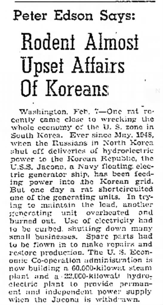 전력선 발전기를 쥐가 갉아 먹어 사고가 나자 나머지 발전기를 과도하게 가동하는 바람에 화재가 발생해 결국 전력선 자코나가 상당 기간 마비된 사실을 보도한 1950년 2월 7일 미국 인디애나주의 지역신문 코코모 트리뷴 기사. [미국 뉴스페이퍼 닷컴]