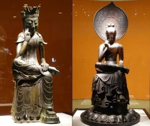 2016년 서울 용산구 국립중앙박물관에서 열린 ‘한일 국보 반가사유상의 만남’전에 출품된 한국의 국보 78호 불상(왼쪽)과 일본 주구지의 불상.