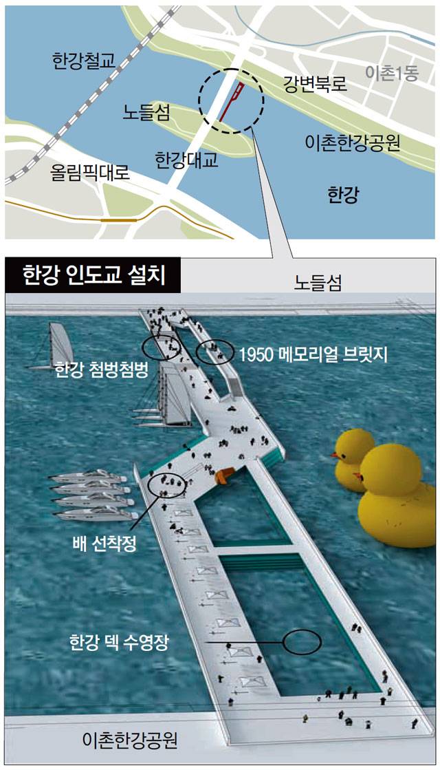 지난해 서울시가 진행한 ‘한강 인도교 건립 100주년 기념 새로운 연결을 위한 시민 아이디어 공모’에서 최우수로 선정된 작품의 구상도. 노들섬 공식 홈페이지 캡처