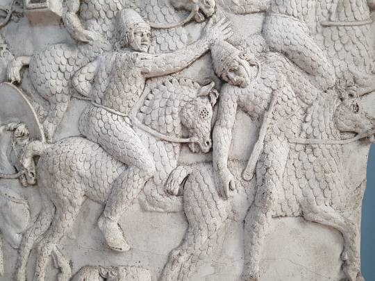 다키아 기병 갑옷과 말갑옷. 말 눈 보호대까지 보인다. 2세기. 로마 트라야누스 기둥 복제품. 루마니아 부쿠레슈티 역사박물관.