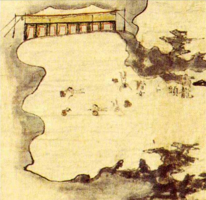 이형상의 `병담범주(屛潭 泛舟)'(<탐라순력도>)에서 반신 잠녀복을 입고 있는 제주도 해녀.