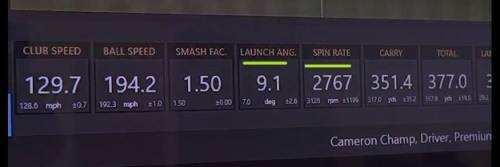 카메론 챔프의 드라이브 샷을 분석한 트랙맨 데이타.