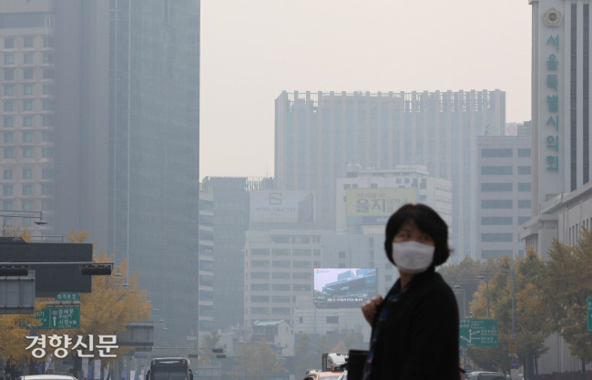 초미세먼지가 기승을 부린 6일 마스크를 착용한 한 시민이 서울시내를 지나고 있다. 강윤중 기자
