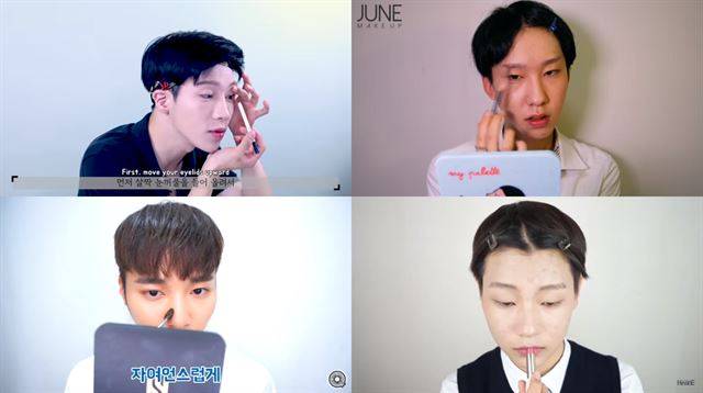 10대 소년들이 화장을 주로 배우는 유튜브에서 화장법을 소개하는 크리에이터 바른남자 준구씨(왼쪽 맨 위부터 시계방향), 준이, 화니, 큐영.  유튜브 캡처