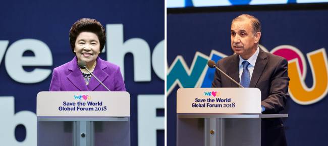 장길자 국제위러브유 회장은 개회사에서 “이번 포럼이 인류의 행복과 화합을 위한 실천 의지를 확인하는 자리가 되기를 기대한다”고 했다(왼쪽). 아델 모하마드 아다일레 주한 요르단 대사는 “난민은 한 국가에 국한한 문제가 아니라 인류의 문제”라고 했다.