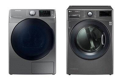 삼성전자 16㎏ 건조기 '그랑데'(왼쪽)와 LG전자의 16㎏ 트롬 건조기. <각 사 제공>