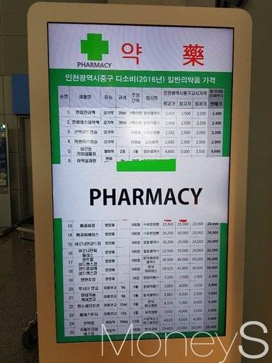 인천공항 약국 옆에 배치된 일반의약품 평균가격 안내 스크린. /사진=류은혁 기자