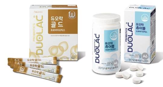 유산균이 들어있는 듀오락 골드(왼쪽)와 씹어 먹는 듀오락 츄어블 프로바이오틱스 제품.