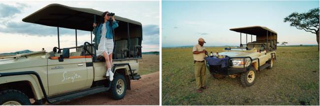 사파리 투어를 하는 모습. (왼쪽) 이동용 차량에도 간단한 음료가 마련돼 있다.
