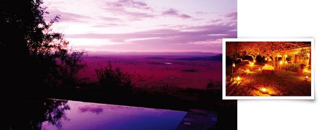 해 질 녘 초원의 모습. 낮에는 동물이 활동하지 않아 이때만 투어가 가능하다(왼쪽). 싱기타 사사콰 리조트.