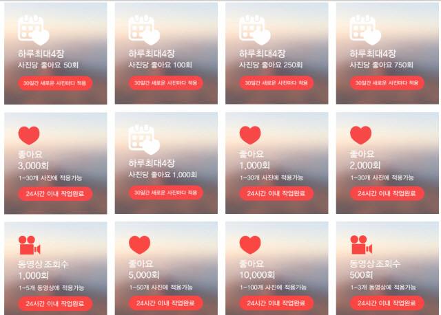 한 바이럴마케팅 업체의 온라인 판매 페이지 캡처. 원하는 좋아요 수와 조회 수 생성이 가능하다고 표시하고 있다. 지불가격도 회수에 따라 상이하다. ‘24시간 이내 작업완료’라는 표시를 보면 여러 개의 인터넷주소(IP)를 활용해 매크로를 돌려 좋아요 수와 조회수 생성을 하는 것으로 추정된다.