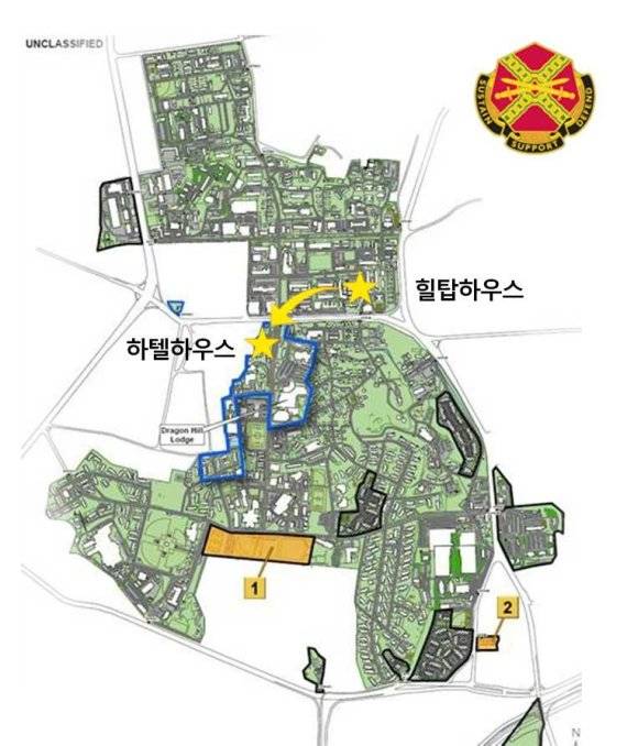 ▲주한미군 사령관이 머물던 힐탑과 하텔하우스의 위치. 관저가 사우스포스트로 이동하면 주변에 출입방호시설과 한미연락부대 등으로 둘러싸이게 된다.