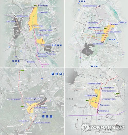 남양주·하남·인천 계양에 신도시, 과천에도 중규모 택지 조성 (서울=연합뉴스) 국토교통부는 19일 수도권 3기 신도시 입지와 2기 신도시 광역교통개선 대책을 발표했다. 사진은 왼쪽 위부터 시계방향으로 남양주, 하남, 인천, 과천.   [국토교통부 제공]