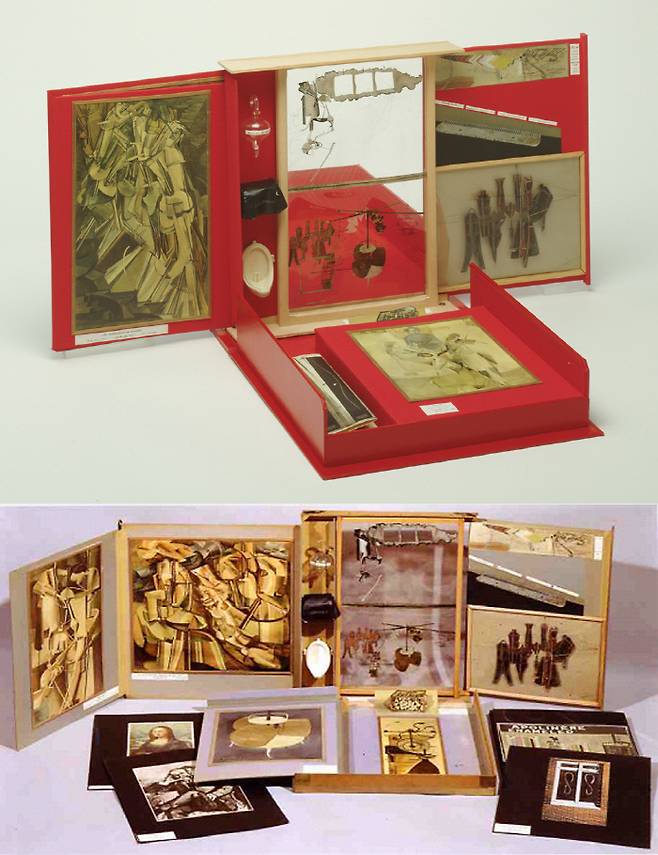 미국 필라델피아미술관이 소장한 뒤샹의 1966년판 ‘여행가방 속 상자’(위 사진).국립현대미술관이 2005년 6억여원을 주고 구매한 뒤샹의 1941년판 ‘여행가방 속 상자’(아래). 국립현대미술관 제공