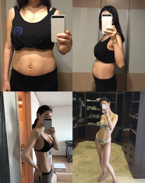 가희 출산 전(사진 위)과 후(〃 아래) 모습.