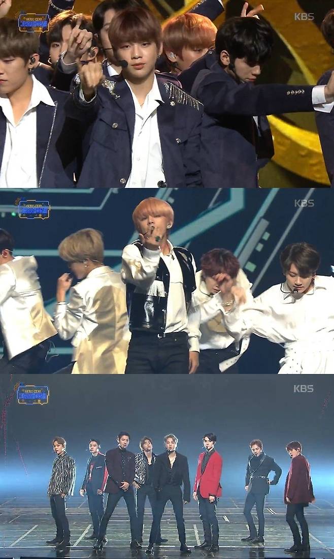 위쪽부터 남성 아이돌 그룹 워너원, 방탄소년단, 엑소 (사진='가요대축제' 캡처)