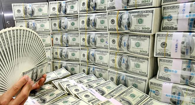 2008년 글로벌 금융위기를 우리 경제도 피해갈수는 없었다. 다만 두번의 외환위기는 없었다. 2009년 8월말기준 한국은행에 따르면 외환보유액이 2454억 6000만달러로 리먼브러더스 파산 직전인 2008년 8월말 기준 2432억달러를 넘어섰다. 사진은 당시 외환은행 달러 자료사진. [연합뉴스]