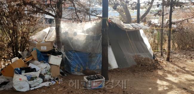 [서울 용산역 인근 노숙촌에 설치한 텐트. 일반 시민들의 눈길이 닿지 않는 곳에 텐트 30여채가 밀집돼 있다. 김유진 기자/kacew@heraldcorp.com]