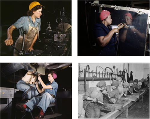 제2차 세계대전 당시 `일하는 애국 여성`을 홍보, 격려하기 위한 사진들(좌상, 우상, 좌하), 실제 리벳공으로 일하던 여성들의 모습(우하) /출처= @미국립문서기록관리청