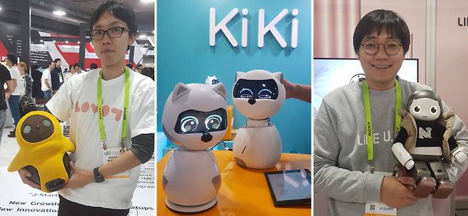 8일(현지시간) 미국 라스베이거스에서 열린 CES 2019에서 일본 기업 ‘그루브 엑스’의 직원 무라야마 류타로가 반려 로봇 ‘러봇(Lovot)’을 들어보이고 있다. 미국 실리콘밸리에 사무실을 둔 ‘조에틱 에이아이’의 펫 로봇 ‘키키(KiKi)’의 모습. 한국 기업 ‘토룩’의 전동수 대표가 외모가 사람을 빼닮은 휴머노이드 로봇 ‘리쿠(LIKU)’를 안고 있다(왼쪽 사진부터). 라스베이거스(미국) | 구교형 기자
