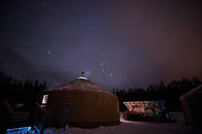 별이 반짝이는 겨울 밤. 몽골식 텐트 유르트에서 오로라가 나타나길 기다렸다. 최승표 기자