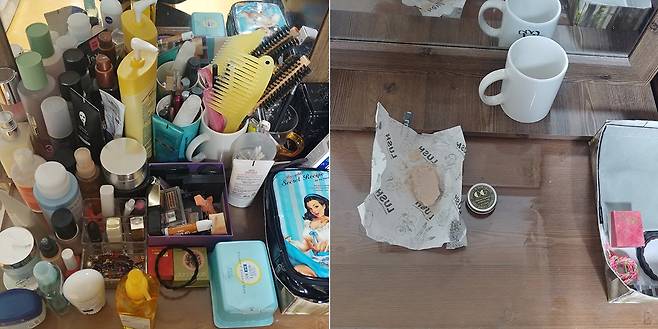 시중에 판매되는 화장품은 대부분 플라스틱 용기에 담겨있다. 평소 화장대(왼쪽)의 모습과 플라스틱 용기에 담긴 화장품을 치우고 난 후 텅빈 화장대의 모습. 종이 포장된 고체로션과 알루미늄 통에 담긴 립밥만이 남았다. 박해리 기자