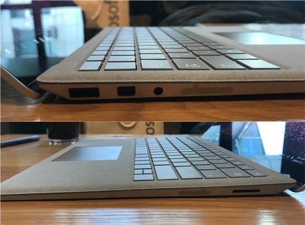 서피스 랩탑 2의 왼쪽에는 USB 3.0 단자와 미니DP 포트, 오디오 연결을 위한 3.5파이 단자가 있다. 오른쪽에는 전원 연결을 위한 서피스 커넥트가 위치해있다. USB-C 단자나 마이크로SD 슬롯은 찾아볼 수 없다. /이정민 기자