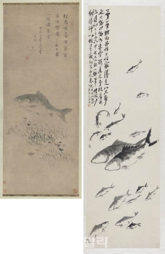 팔대산인 주탑의 ‘물고기’(1694·왼쪽)와 치바이스의 ‘물고기 떼’(1917). ‘같고도 다른: 치바이스와 대화’ 전에 마주보고 걸렸다. 닮으려 했고 닮았으나 똑같진 않다. ‘뜻을 그린다’는 사의(寫意)의 차이는 어쩔 수 없던 거다. 그럼에도 팔대산인의 작품을 두고 치바이스는 ‘두세 차례 임모를 하고 나서야 열의 대여섯 정도를 터득했다’고 그림 위쪽에 쓰고 있다(사진=예술의전당).