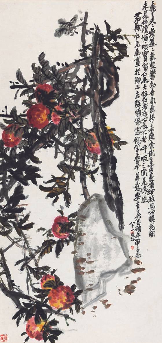 우창쉬의 복숭아와 바위 그림 '도석'(종이에 채색, 1924년, 중국국가미술관 소장). [서예박물관]