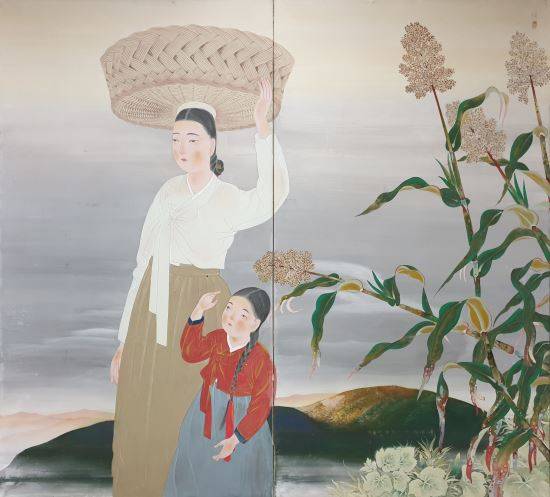 가타야마 탄 '구(언덕)'.  운보 김기창의 '엽귀'와 구도와 색감 등에서 유사성이 느껴진다.